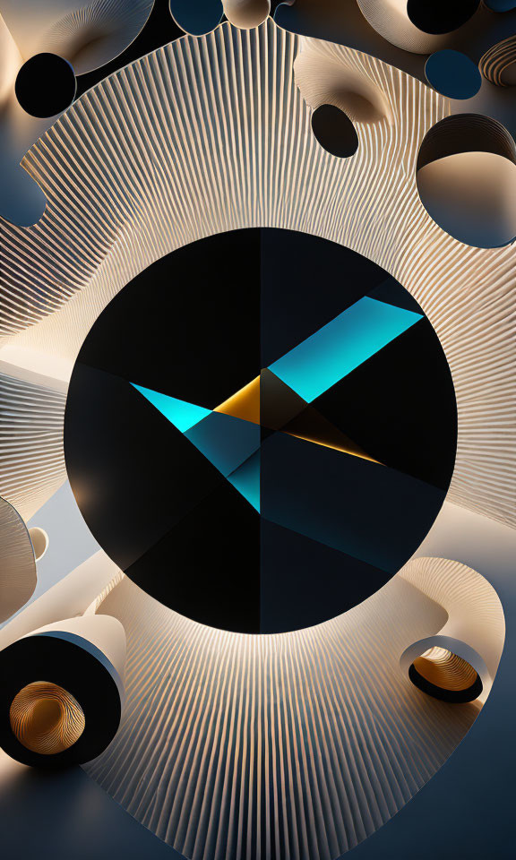 Abstract geometric composition with circular shapes and central triangular motif in blue and yellow on black background
