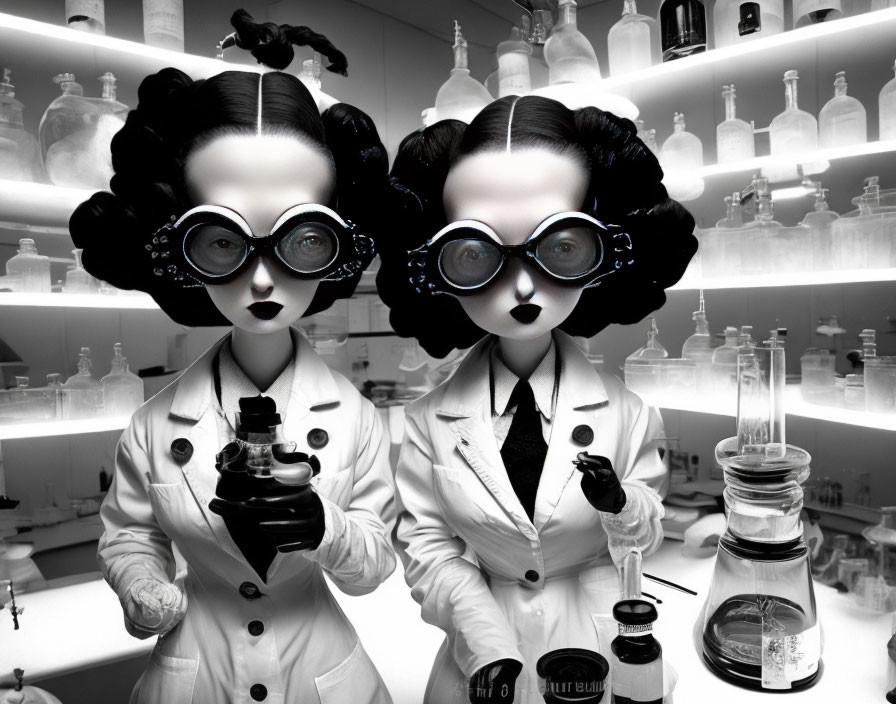 Stylized female figures in lab setting with exaggerated features