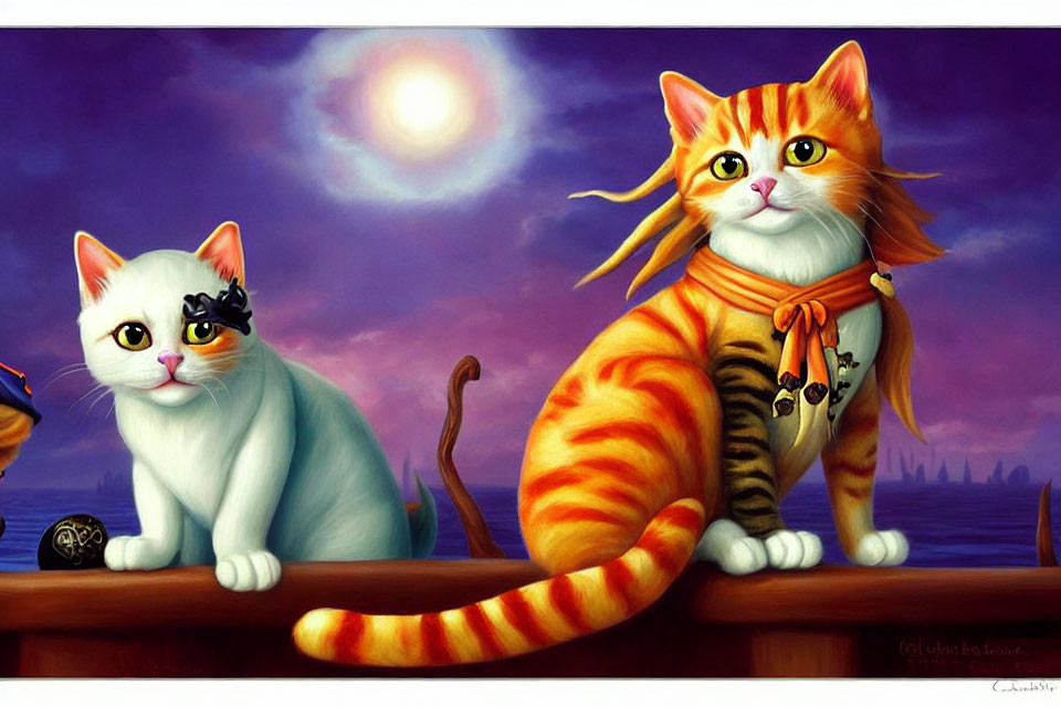 Illustrated cats on railing at twilight: white cat curious, orange cat with scarf holding kitten