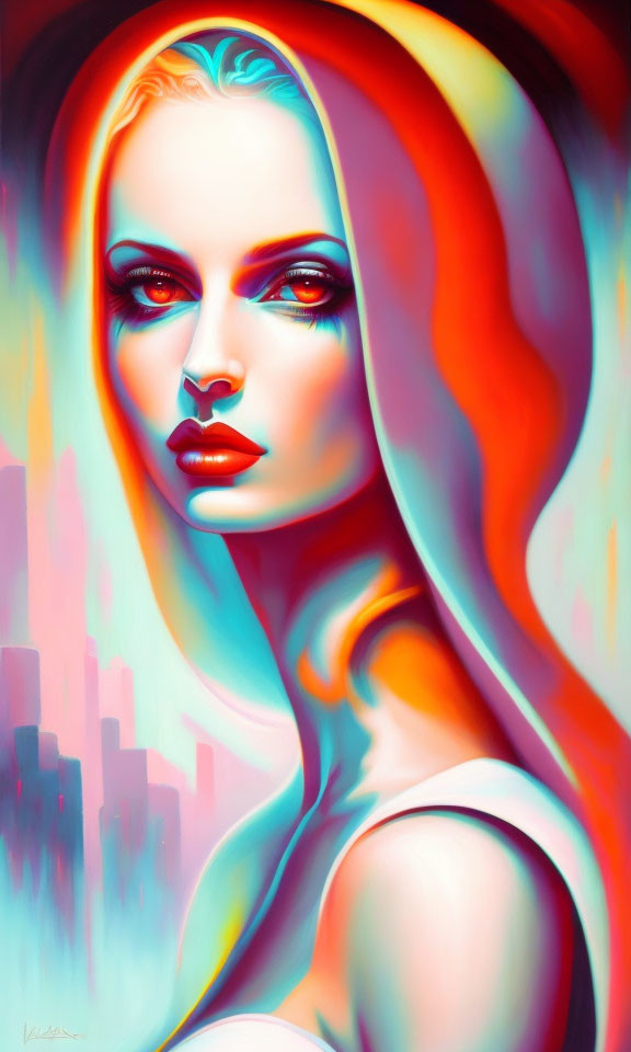Colorful digital artwork: Woman with orange hair on cool background