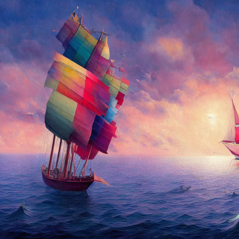 Colorful sailing ship with patchwork sails on calm sea at sunset.