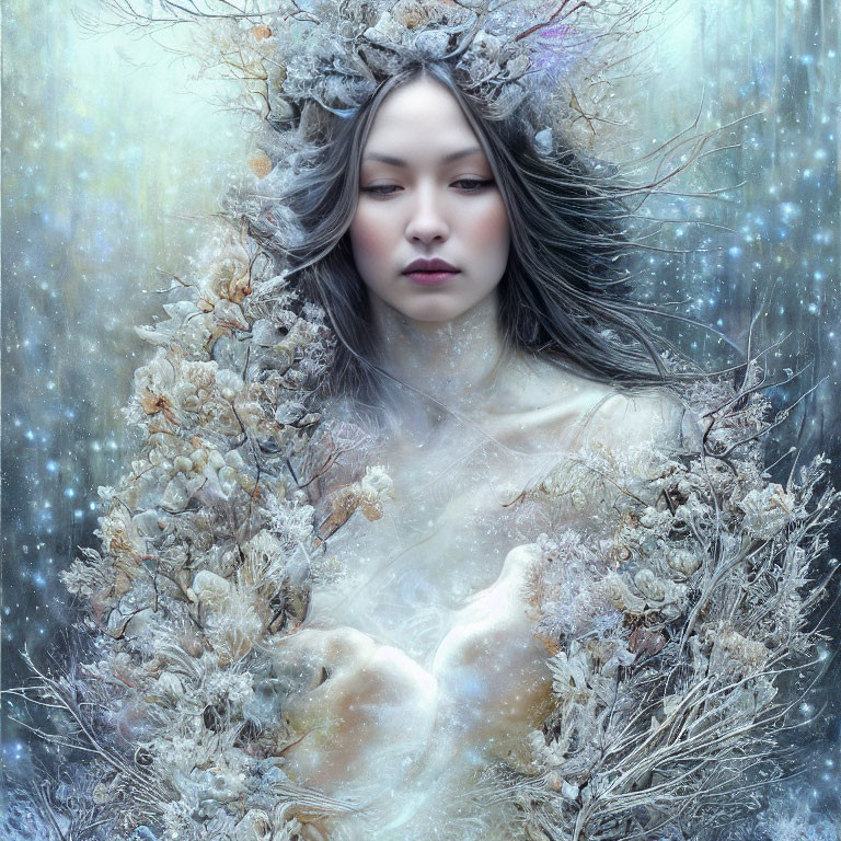 Mystical portrait of woman with branch and flower crown in winter fantasy