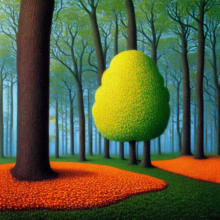 Surreal forest painting with round yellow tree and orange leaf-covered ground