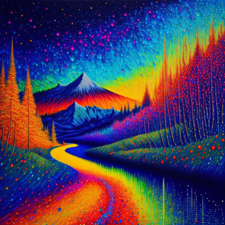 Vibrant psychedelic painting of mountain landscape with river and glowing trees