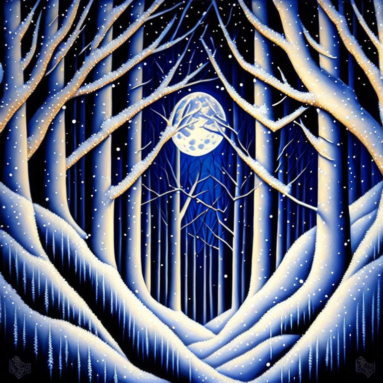 Snowy forest painting with full moon and heart-shaped branches