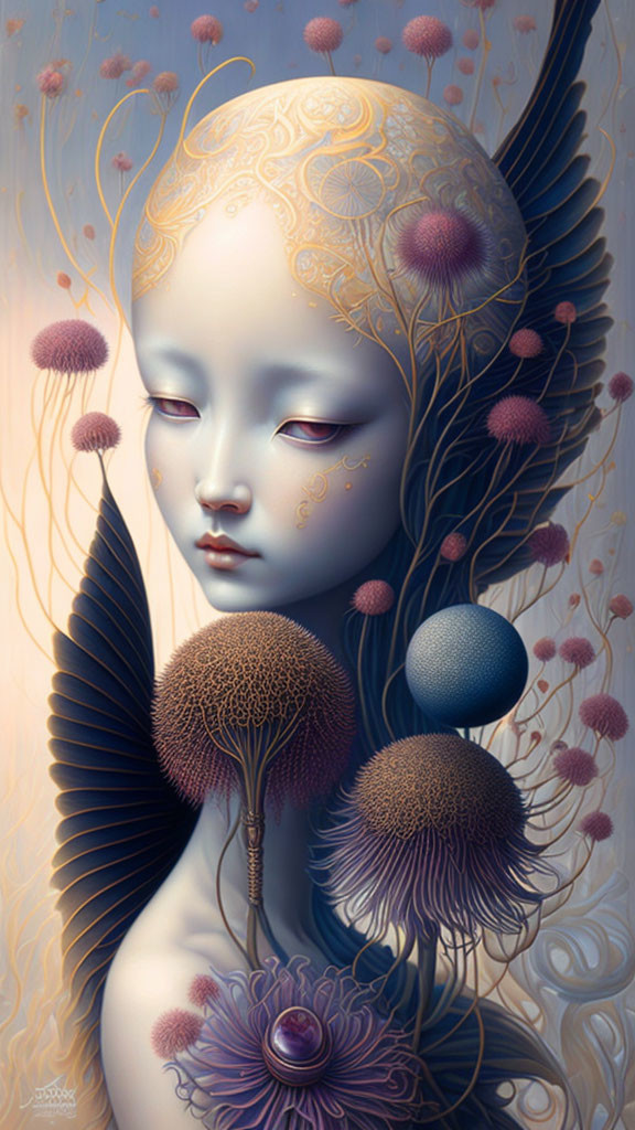 Pale figure with floral patterns and wing-like structures in surreal portrait