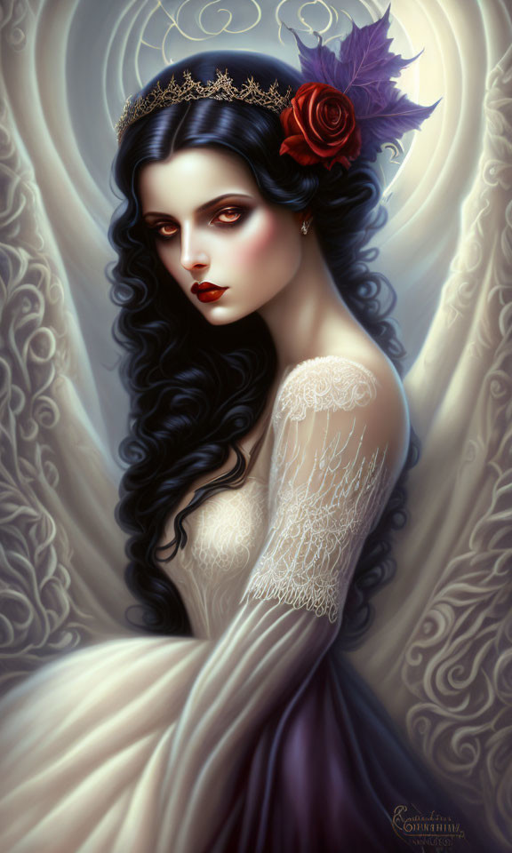 Illustration of woman with long black hair, red lips, white lace dress, and red rose head