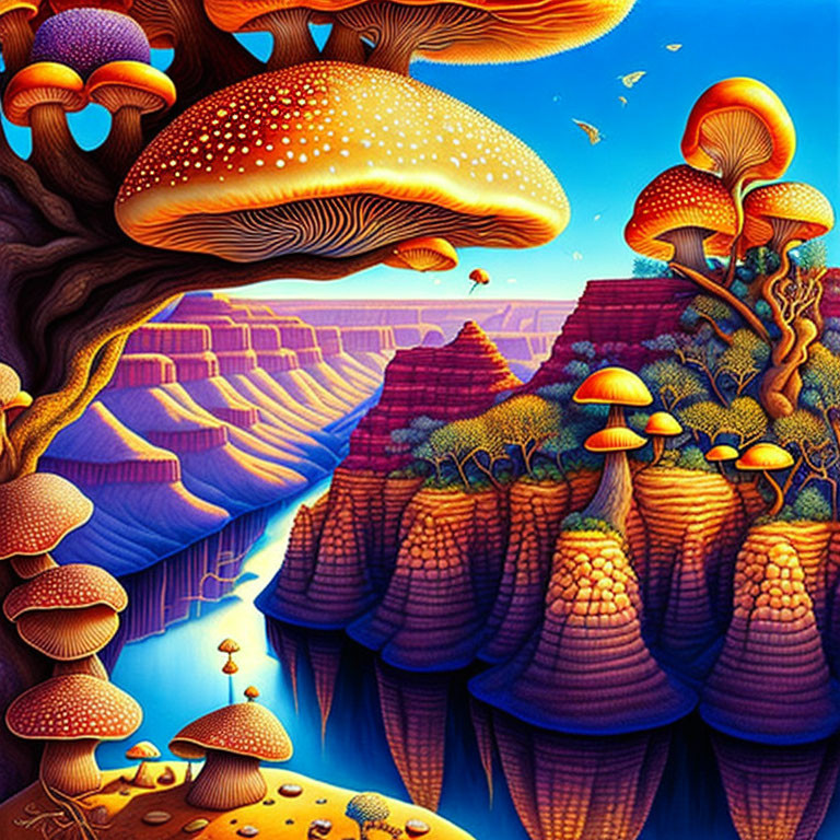 Colorful Imaginary Landscape with Mushroom Trees, Orange Canyons, Blue River, Birds, Purple