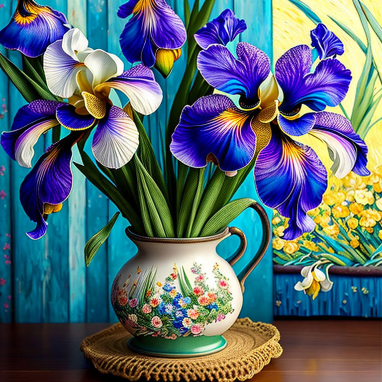 Blue and white irises in floral jug on coaster with impressionistic painting