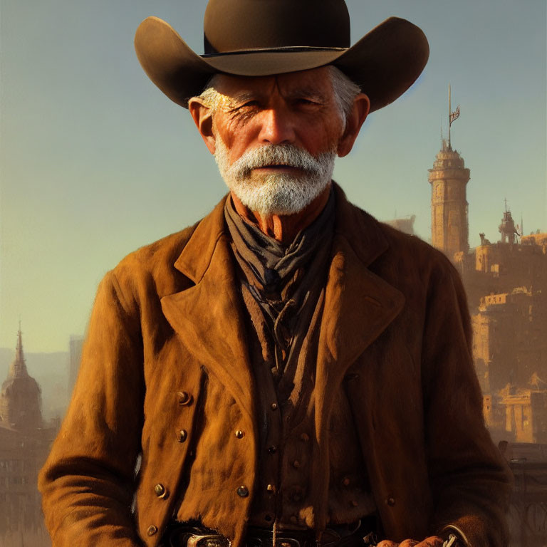 Elderly man in cowboy attire with cityscape backdrop