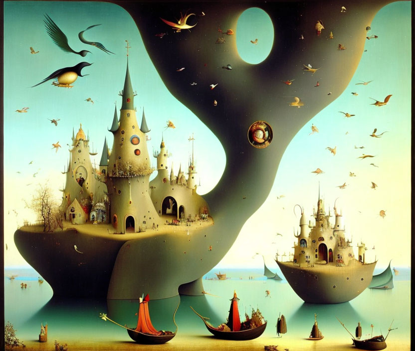 Surreal landscape with gravity-defying castles, flying fish, boats, and aqua backdrop