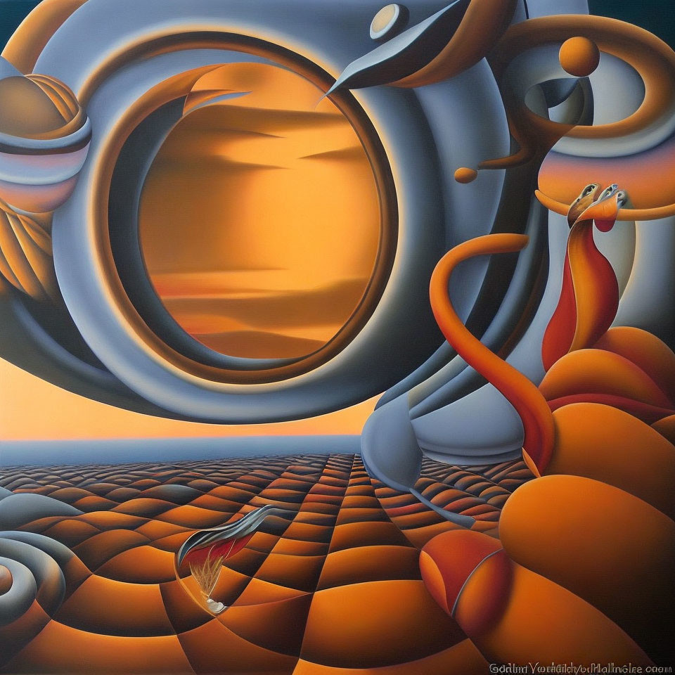Warm-Hued Surrealistic Painting with Swirling Patterns and Bulbous Shapes
