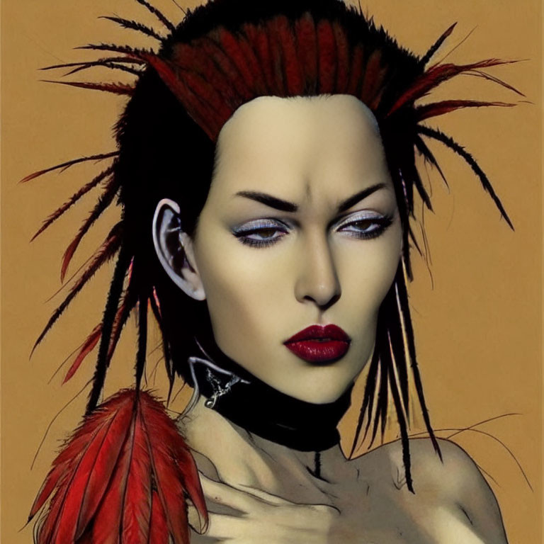 Illustration of woman with punk hairstyle, dramatic makeup, red lips, and feathered accessory