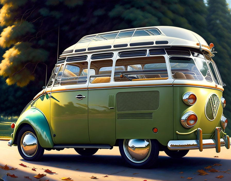 Vintage Green and White Volkswagen Type 2 Bus with Split Windshield in Serene Sunlit Setting
