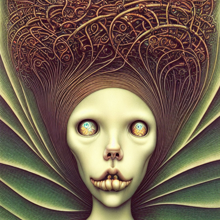Intriguing surreal portrait with mesmerizing eyes and intricate hair patterns