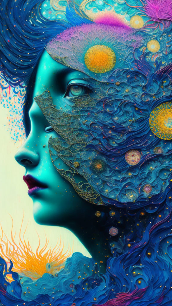 Surreal portrait of woman with blue skin and golden patterns