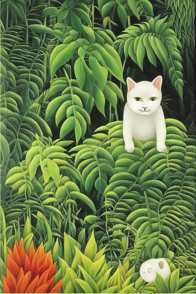 White Cat Among Green Foliage with Orange Flower and Hidden Mouse