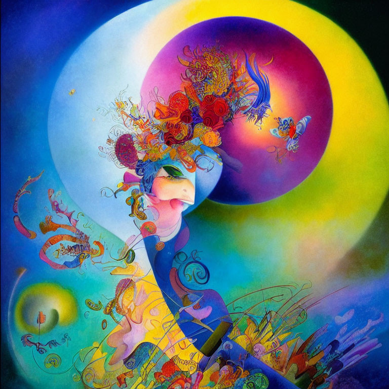 Colorful surreal painting of person with elaborate headwear against celestial backdrop