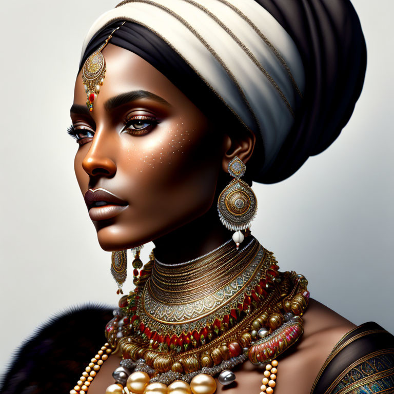 Portrait of person with intricate golden jewelry, head wrap, traditional makeup on light background