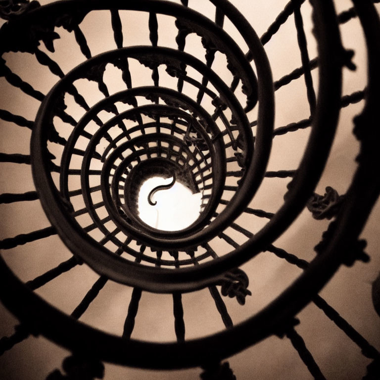 Sepia-Toned Spiral Wrought Iron Staircase Design