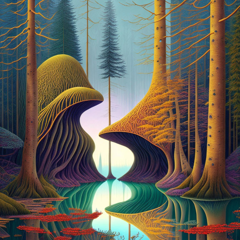Vibrant forest with twisting arch-shaped trees over serene river