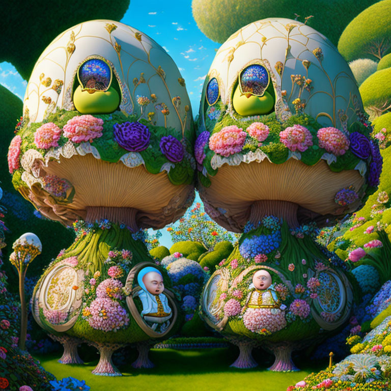 Surreal artwork featuring giant egg-shaped structures with babies inside, surrounded by flowers in a vibrant garden