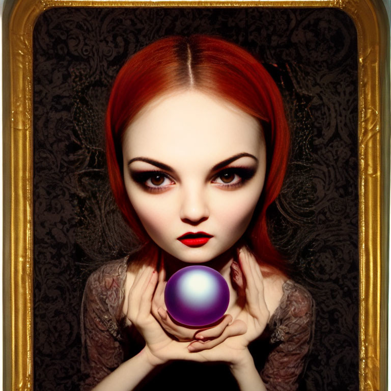 Red-haired woman with dramatic makeup holding glowing purple orb in ornate frame