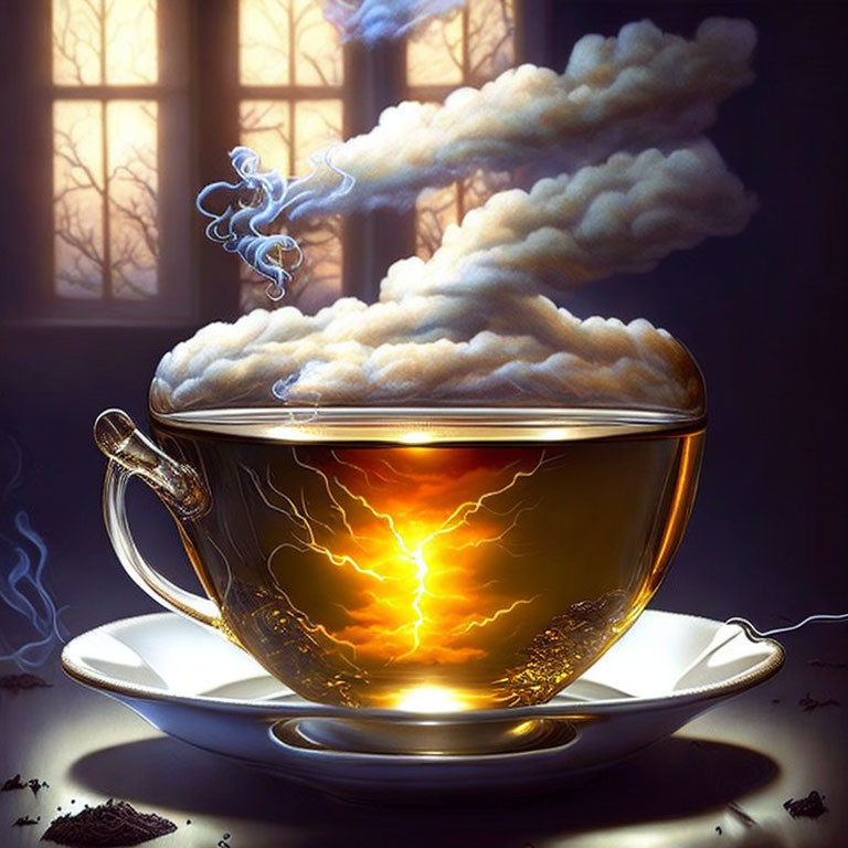 Surreal artwork: Storm in teacup with clouds, lightning, steam, saucer,