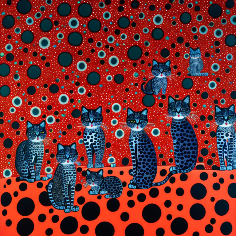 Blue Cats in Abstract Art with Red Background and Dots