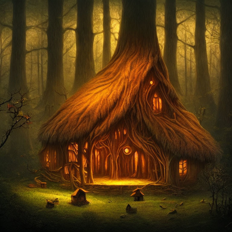 Enchanted forest treehouse with thatched roof and warm glow