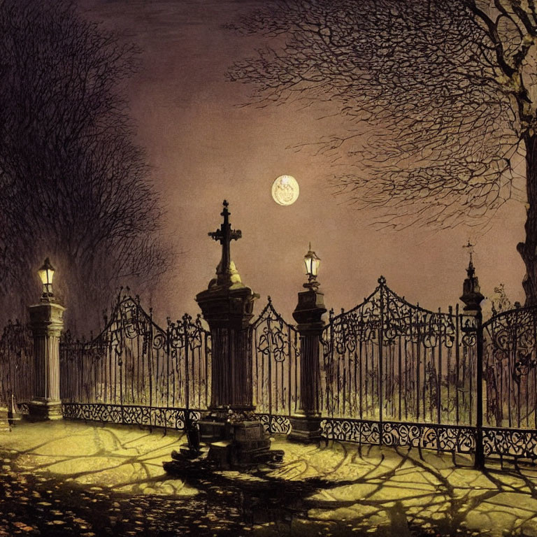 Victorian-era graveyard at night with iron gates, leafless trees, and full moon