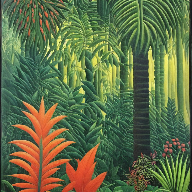 Vibrant tropical jungle painting with lush greenery and orange flowers