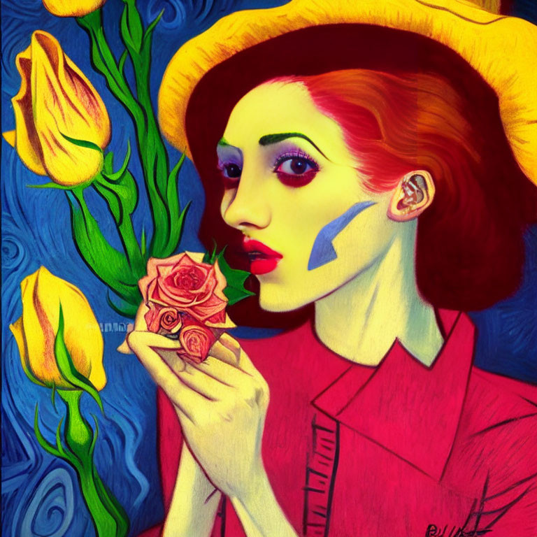 Stylized portrait of woman with red hair and yellow hat smelling pink rose