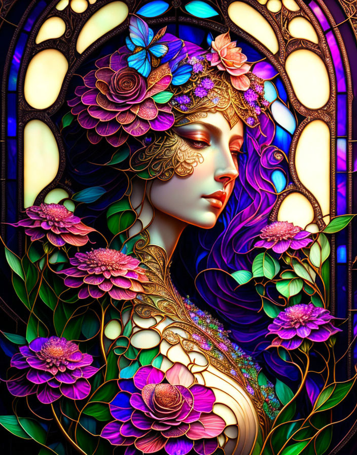 Colorful artwork: Woman with purple hair and golden floral accessories in stained glass setting