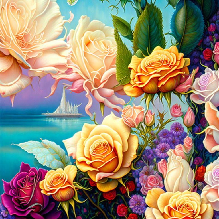 Colorful Rose Artwork with Blue Waters and Sailing Ship