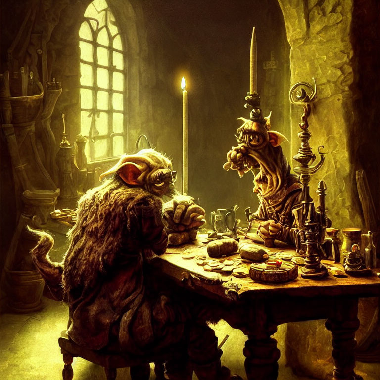 Fantasy creatures play chess in medieval stone chamber