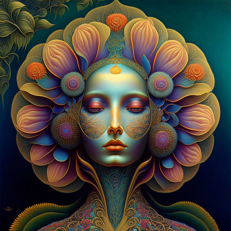 Colorful surreal portrait with intricate designs in blues, golds, and oranges