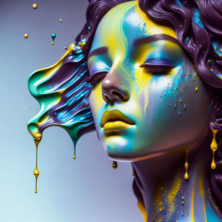 Vibrant 3D artwork of woman's face with flowing purple hair and dripping paint