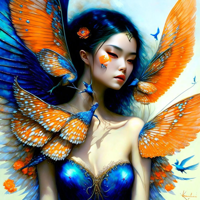 Colorful digital artwork: Woman with butterfly wings and birds in fantasy theme