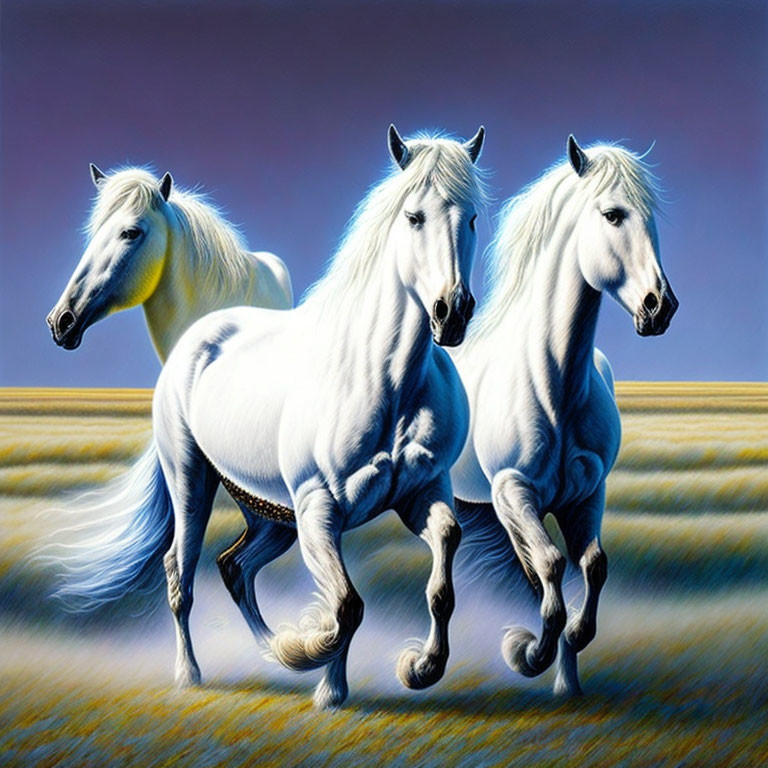Three White Horses Trotting in Field Under Blue Sky