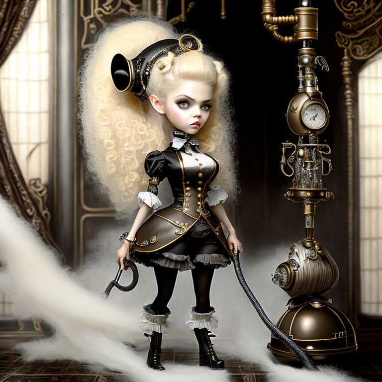 Exaggerated steampunk character with mechanical device in foggy setting
