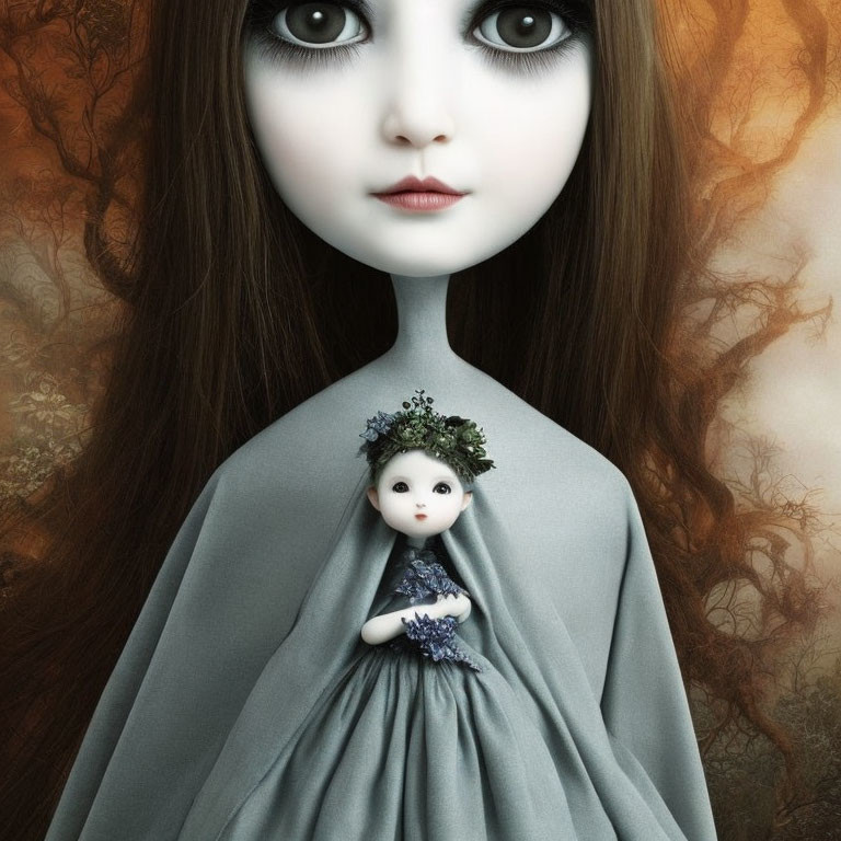 Digital artwork of girl with large eyes and tiny figure in dress, in dreamy forest setting