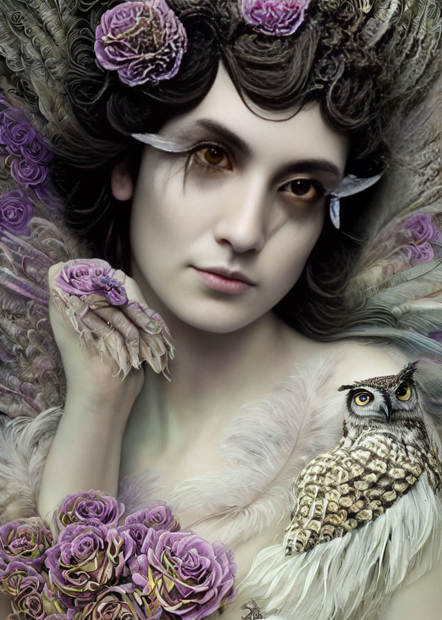 Whimsical makeup woman with owl in floral setting