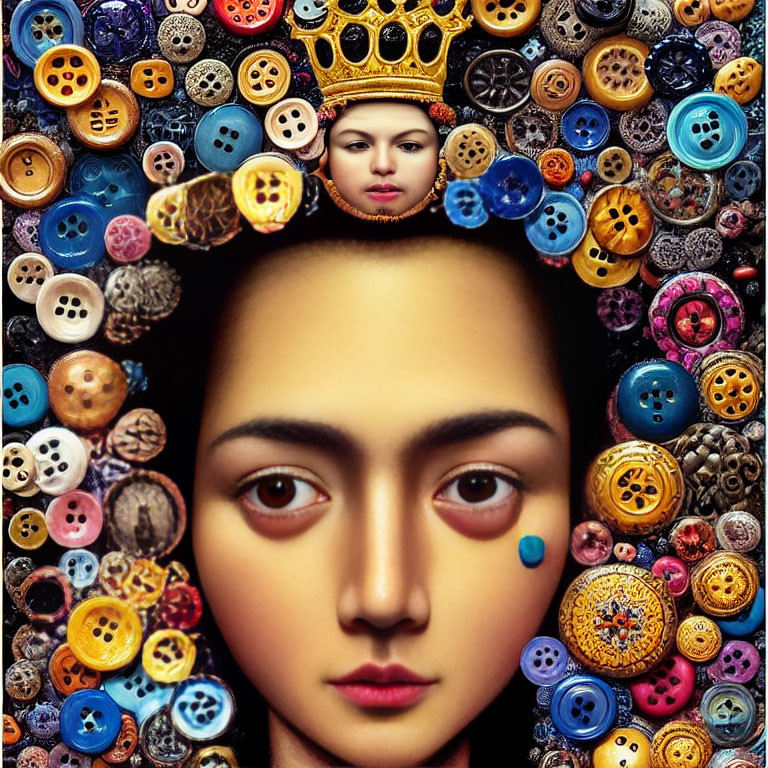 Surreal collage of woman's face with crown in colorful button assortment