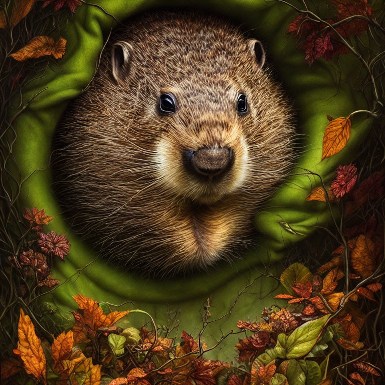 Curious groundhog in lush autumn foliage with detailed fur texture