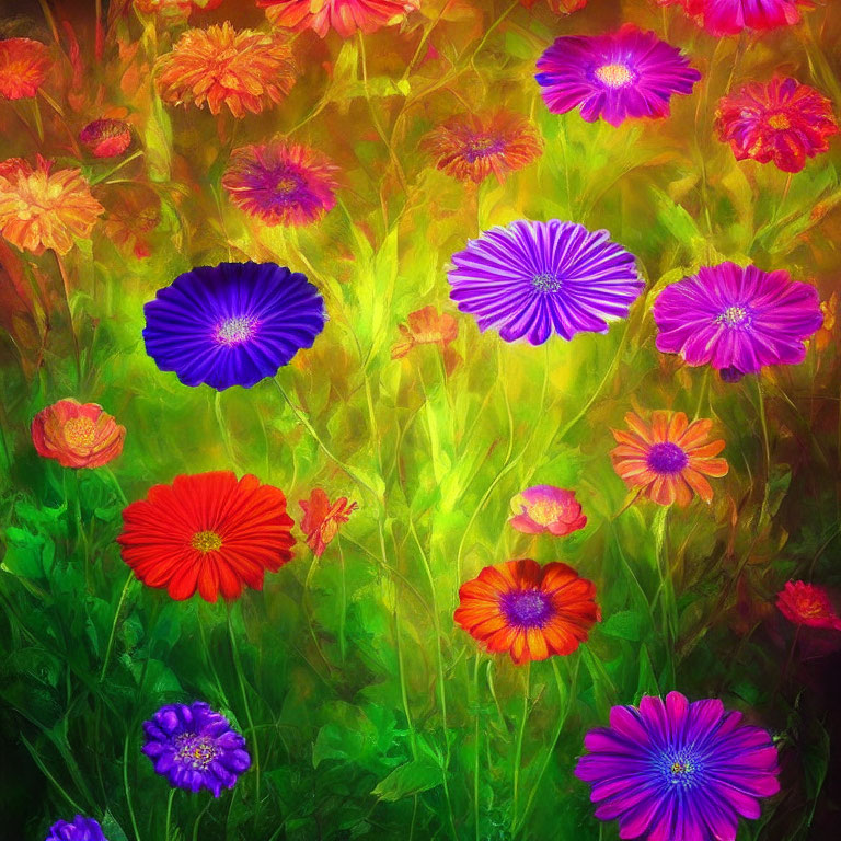Colorful Garden with Red, Orange, Purple Flowers on Green and Yellow Background