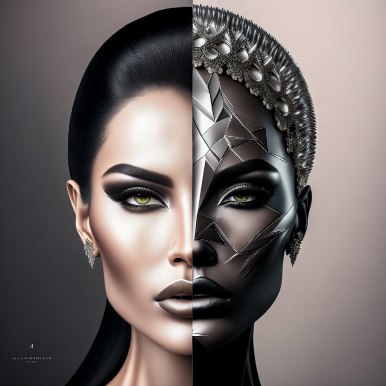 Split-image comparison of woman with classic vs. avant-garde makeup