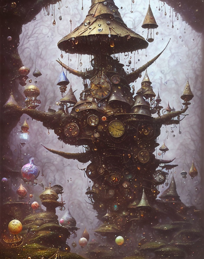 Steampunk-themed artwork featuring mechanical tree, clocks, lanterns, and starlit sky