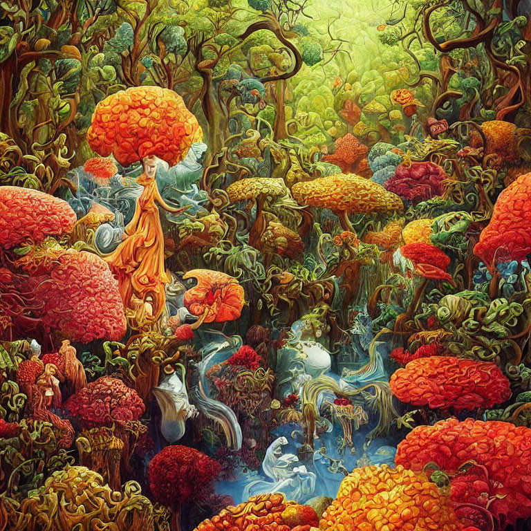 Colorful forest with mushroom trees and fantastical creatures in an orange cloak.