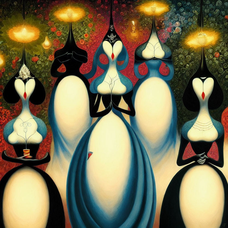 Colorful Abstract Painting of Four Figures with Elongated Necks and Warm-Toned Lights